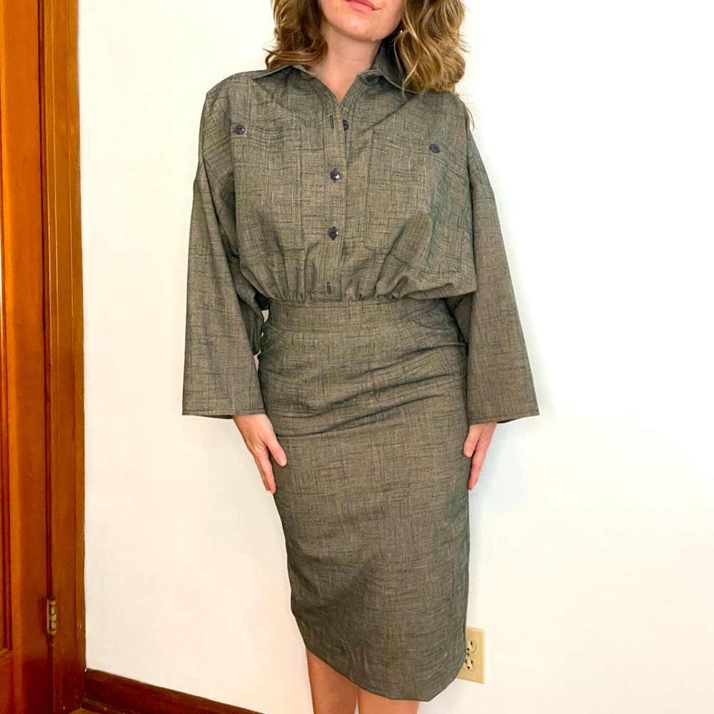 Vintage 1980s Elegant Army Green Cotton Batwing Midi Dress
